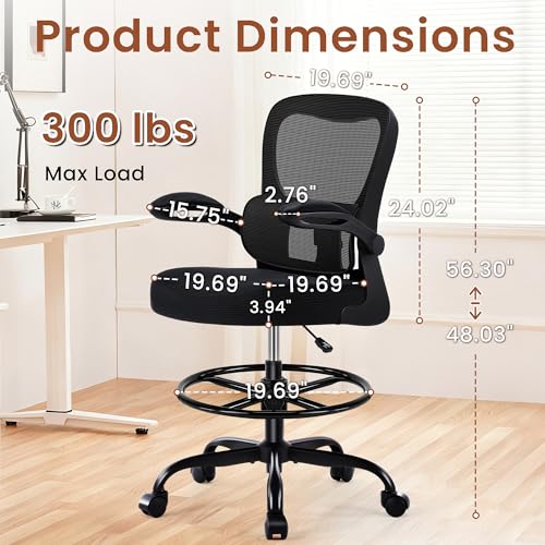 AreShark Drafting Office Chair - Ergonomic Tall Office Chair with Adjustable Footrest Ring - Counter Height Adjustable Rolling Standing Desk Chair with Lumbar Support and Flip-up Armrests for Home AreShark
