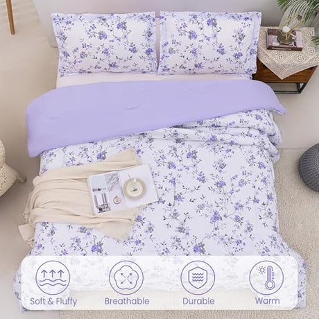 Mooreeke Floral Twin Size Comforter Sets, Lightweight Purple Lavender Botanical Printed Bedding for All Seasons, 2-Piece Vintage Bed in a Bag with Fluffy Quilted Reversible Comforter & Pillow Sham Mooreeke