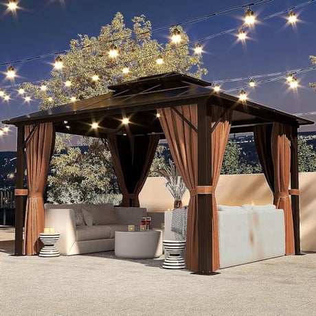 Jolydale 10'x12' Hardtop Gazebo,Outdoor Polycarbonate Gazebo, Double Roof Gazebo, Aluminum Frame Permanent Pavilion with Netting and Curtains, for Patios, Gardens, Backyard Jolydale