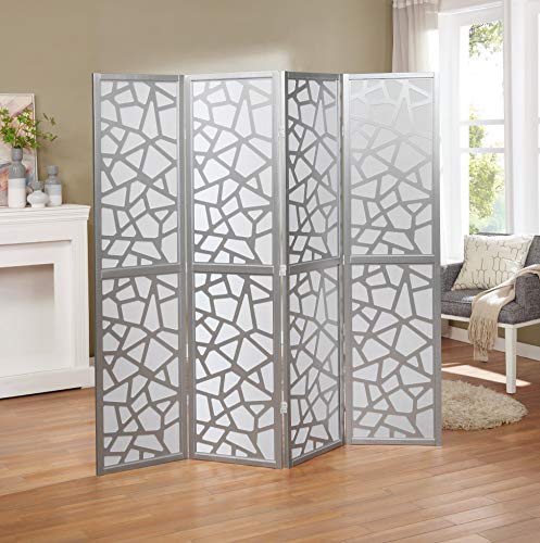 Roundhill Furniture Giyano 4 Panel Screen Room Divider, Sliver Roundhill Furniture