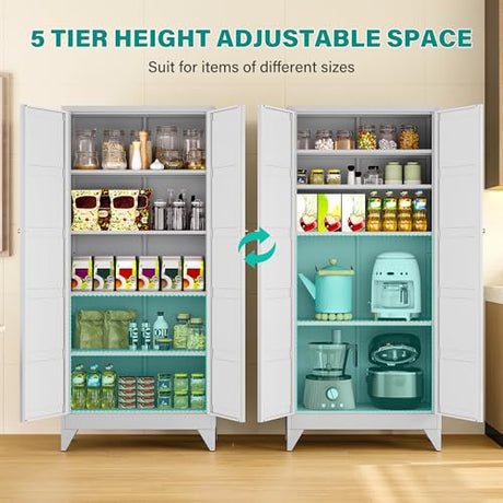 SISESOL Wide & Deep Metal Storage Cabinet with 2 Doors and 5 Shelves,72 inch Tall Pantry Storage Cabinet,Large Cupboard Closet,White Cabinets for Home,Kitchen,Bathroom,Dining/Living Room SISESOL