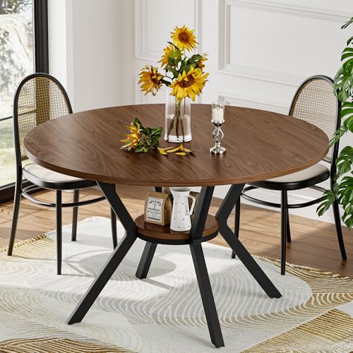 42" Round Dining Table for 4, Farmhouse Kitchen Table with Storage, Space Saving Circle Dinner Table, Rustic Wood Kitchen & Dining Room Tables with Metal Legs for Kitchen, Living Room, Dining Room MECHYIN
