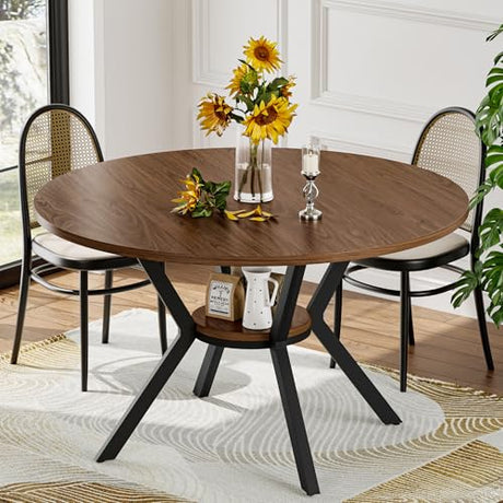 42" Round Dining Table for 4, Farmhouse Kitchen Table with Storage, Space Saving Circle Dinner Table, Rustic Wood Kitchen & Dining Room Tables with Metal Legs for Kitchen, Living Room, Dining Room MECHYIN