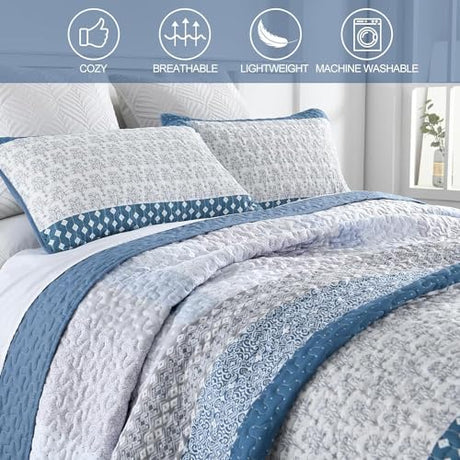 WONGS BEDDING Blue Quilt King Size, Bohemian Stripe Quilt Sets 3 Pieces Boho Quilted Bedspread Set Lightweight Microfiber Coverlet Bedding Set All Season (104"x90") WONGS BEDDING