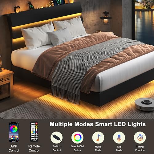 Feonase Floating Bed Frame Queen Size with Led Lights and Charging Station, Wood Queen Bed Frame with Storage Headboard, Heavy Duty Metal Slats, No Box Spring Needed, Easy Assembly, Black Feonase