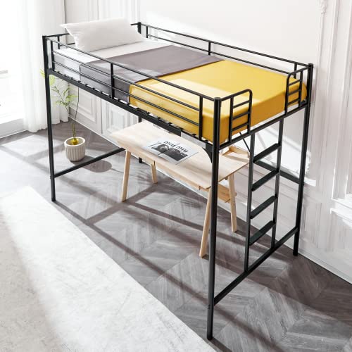 Bonnlo Metal Loft Bed with Stairs and Flat Rung, Junior Bed Full Size High Loft Bed for Kids/Teens/Adults, No Box Spring Required, Black Bonnlo