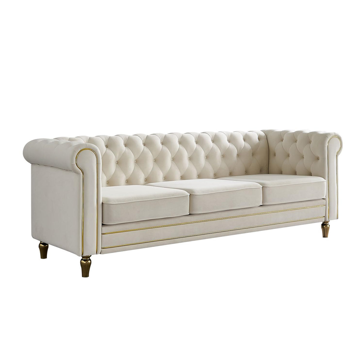 KEIKI 85" Chesterfield Velvet Tufted Button Sofa with Deep Seat Cushions and Rolled Arms, Modern Style 3-Seater Couch Decorated with Gold Strip, Easy Assembly, for Living Room, Bedroom, Office, Beige KEIKI