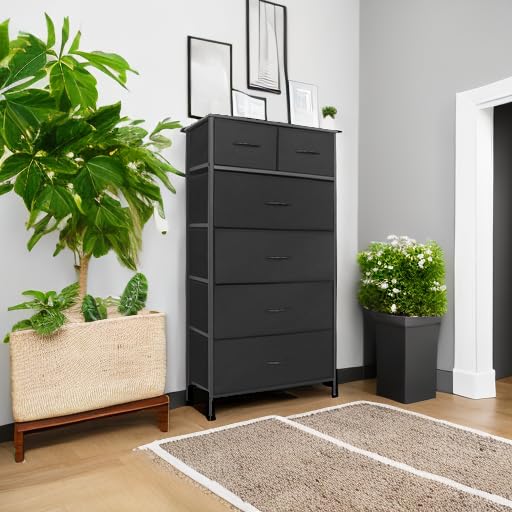 Mifuro Tall Dresser for Bedroom, Vertical Storage Organizer Tower with 6 Drawers, Chest of Drawers with Fabric Bins, Steel Frame, Wood Top for Bedroom, Closet, Entryway- Black Mifuro