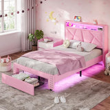VIAGDO Pink Twin Bed Frames with LED Lights, Upholstered Platform Bed Frame Twin Size with Storage Headboard and Charging Station, LED Twin Bed Frame, No Box Spring Needed VIAGDO