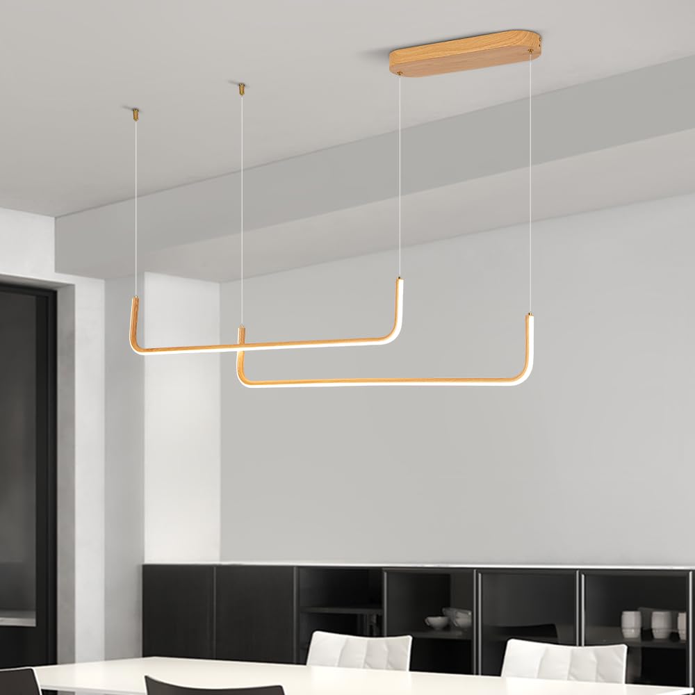 Sedelan LED Linear Wood Chandelier, Modern Pendant Light Fixture, Dimmable Minimal Linear Kitchen Chandeliers for Island Dinning Room Living Room Office Bar, Aluminum Woodgrain Print Sedelan