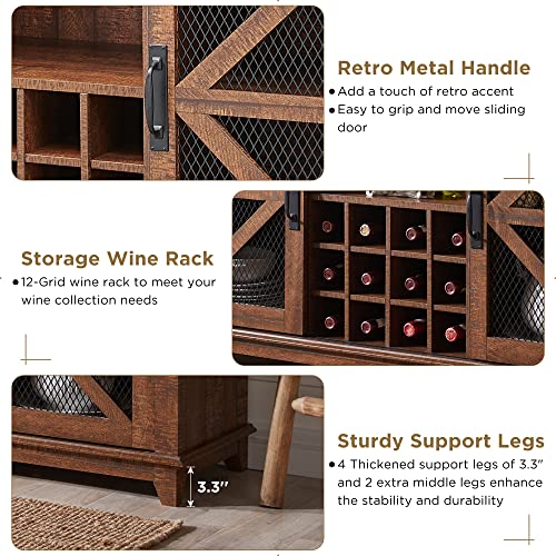 OKD Farmhouse Coffee Bar Cabinet with LED Lights, 55" Sideboard Buffet Table w/Sliding Barn Door & Wine and Glass Rack, Home Liquor Bar w/Storage Shelves for Dining Room,Reclaimed Barnwood OKD