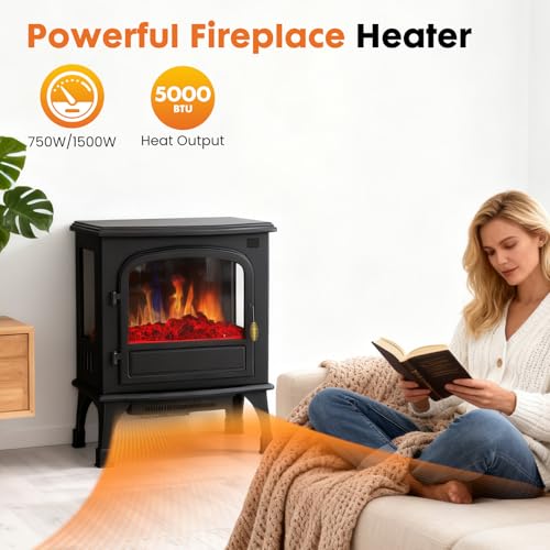 Sweetcrispy Freestanding Electric Fireplace, 26” Indoor Fireplace Heater with 3D Flame Effect, Overheating Safe Design, Energy Saving Space Heater with 12H Timer&Remote for Living Room, Bedroom Sweetcrispy