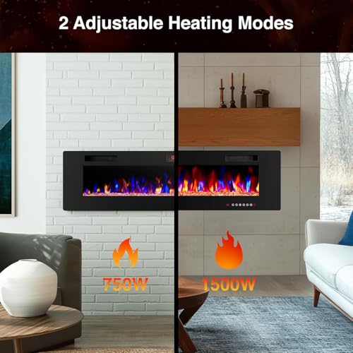 ZAFRO 50" Electric Fireplace with Remote Ultra-Thin & Quiet Wall-Mounted Recessed Heater, Adjustable 12-Color Flame, Brightness & Speed ZAFRO