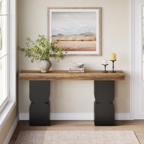63-Inch Console Table, Heavy-Duty Look, Behind Couch Sofa Table, Color Blocking Design, Bold Structural Presence, Modern Entryway Furniture for Living Room, Hallway, Foyer, Brown + Black LITTLE TREE
