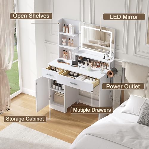 ProsperHaven Vanity Desk with LED Mirror and Lights, Makeup Vanity Table with Power Outlet, Drawers, Cabinet, Dressing Table with Open Storage Shelves for Bedroom, Dressing Room, White ProsperHaven