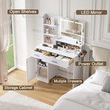 ProsperHaven Vanity Desk with LED Mirror and Lights, Makeup Vanity Table with Power Outlet, Drawers, Cabinet, Dressing Table with Open Storage Shelves for Bedroom, Dressing Room, White ProsperHaven