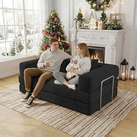 BSHOMGI 4 in 1 Futon Sofa Bed Queen Size - Foldable Convertible Sleeper Couch,Teddy Foam-Filled Compressed Couch Removable Corduroy Cover, Space Saving Sofas for Bedroom & Dorm (Black, 59” 2 Seat) BSHOMGI