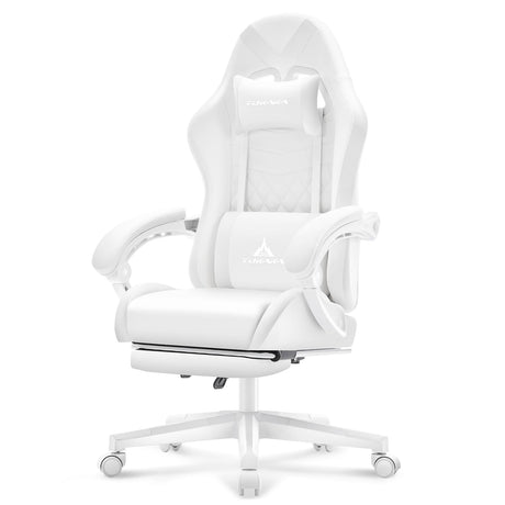 TUKAKA White Gaming Chair,Ergonomic Massage Computer Office Desk Chair with Footrest,Pocket Spring Cushion,Reclining Leather Adjustable Gamer Chair with Headrest and Lumbar Support,White TUKAKA