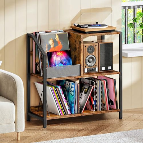 CHOEZON Large Record Player Stand, Vinyl Record Holder, Vinyl Display Rack, Rustic Turntable Display Stand, for Books, Rustic Brown and Black TCW08BF CHOEZON