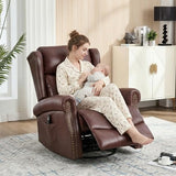 Genuine Leather Recliner Chair for Adults, Manual Swivel Rocker Glider Rocking Chair with Vibration Massage Lumbar Heat for Nursery, Rivet Design Single Sofa Chair for Living Room - Burgundy Red