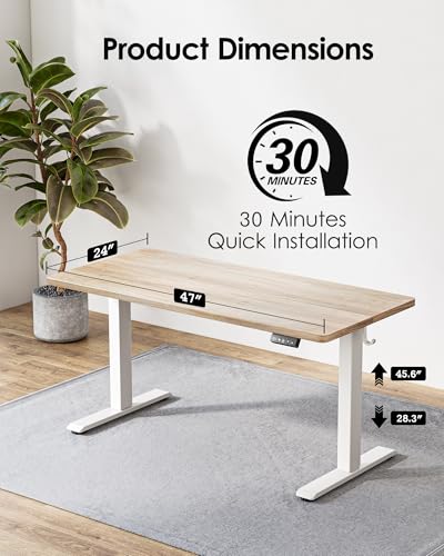 TIQLAB Standing Desk 47 x 24 inch, Electric Height Adjustable Desk with Splice Board, Stand Up Desk with Casters, Sit Stand Desk Computer Desk for Home Office, White Frame/Maple Top - WoodArtSupply