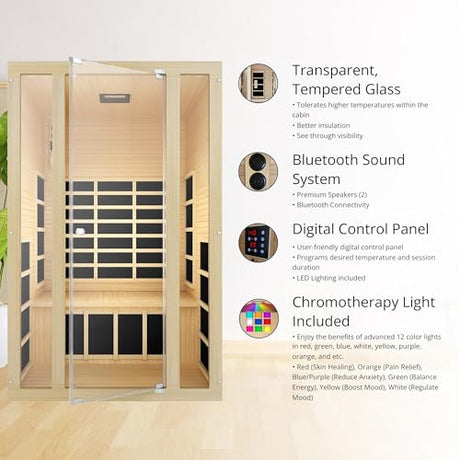 JNH Lifestyles Ensi+ 2-Person Home Infrared Sauna with Color & Red Light Therapy, Ultra-Low EMF - Indoor Personal Luxury Spa for House and Gym JNH Lifestyles