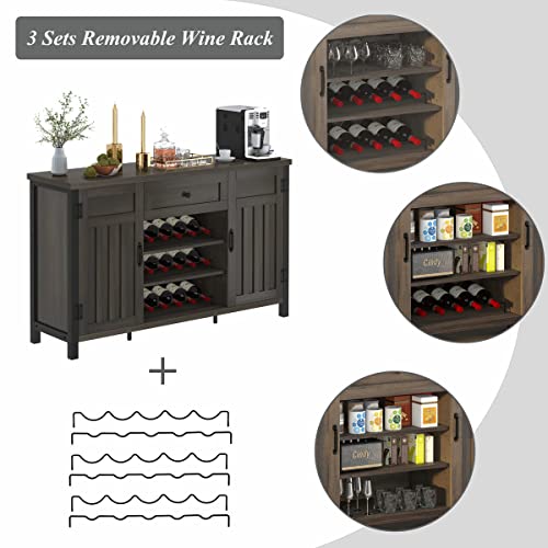 FATORRI Industrial Coffee Bar Cabinet with Wine Rack, Wood Buffet and Sideboard with Storage Cabinet, Rustic Credenza Cupboard for Kitchen Dining Room (55.12 Inch, Walnut Brown) - WoodArtSupply