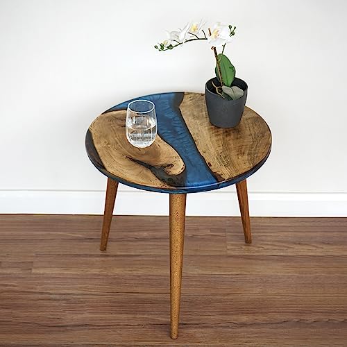 20" Resin Walnut Round Side Table | Epoxy End Table | Coffee Table | Mid Century Modern Resin Walnut | Living Room Furniture | Blue Color Ultimate Premium Products