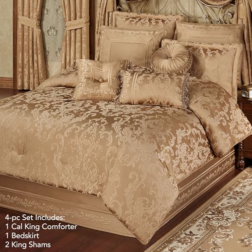 Monaco Luxury Bedding | Royal Monochromatic Metallic Gold | Puff Jacquard-Woven Acanthus Damask and Scrollwork | 4-Pc Bed Set Includes Oversized California King Comforter, Bedskirt, and 2 King Shams J. Queen New York