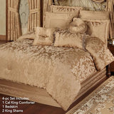 Monaco Luxury Bedding | Royal Monochromatic Metallic Gold | Puff Jacquard-Woven Acanthus Damask and Scrollwork | 4-Pc Bed Set Includes Oversized California King Comforter, Bedskirt, and 2 King Shams J. Queen New York