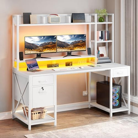DWVO Computer Desk with Drawers & Hutch, 59.1" Office Desk with Power Outlets & LED Lights, Home Office Desk with Storage Shelves, White DWVO