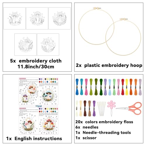 ORIGACH 5 Pack Mushroom & Plants Embroidery Kits for Beginners DIY Starter Hand Embroidery Kit with Floral and Plants Patterns and Instructions for Adults Women Crafting
