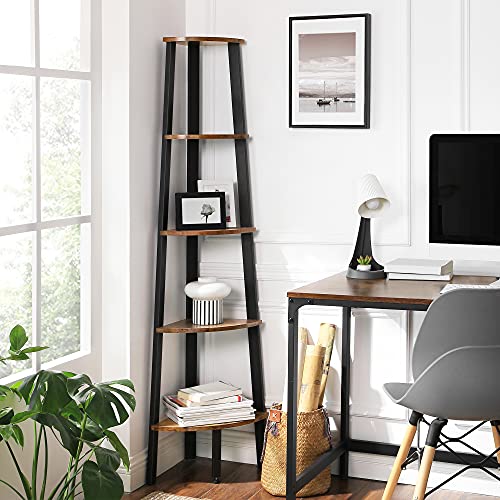 VASAGLE Industrial Bookcase, 5-Tier Corner Shelf, Plant Stand Wood Look Accent Furniture with Metal Frame for Home and Office ULLS35X, 12.8 x 13.4 x 62.6 Inches, Rustic Brown VASAGLE
