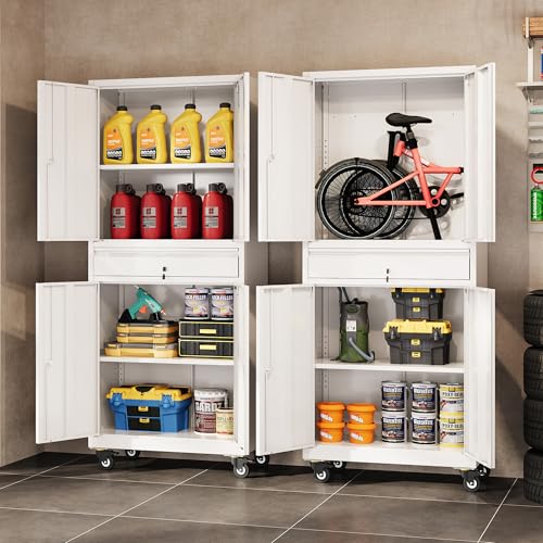DEVAISE Metal Garage Storage Cabinet with Locking Doors and Adjustable Shelves, Rolling Tool Cabinet with Drawer for Garage,Warehouse,Home,Office (White) DEVAISE