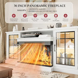 MXV 70'' Fireplace TV Stand, Farmhouse Entertainment Center with 3 Sided Glass TV Stand, Modern Media Console Table with Storage Drawers & Cabinets with LED Flame and Lights for Living Room, White MXV