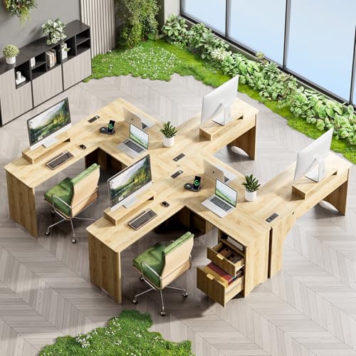 Bestier L Shaped Desk with Lift Desktop, 55 inch Corner Desk with Fluted Panel Deisgn Drawers, Modern Office Desk with File Drawer (Natual Oak, 55'' x 55'' Lift Top) Bestier