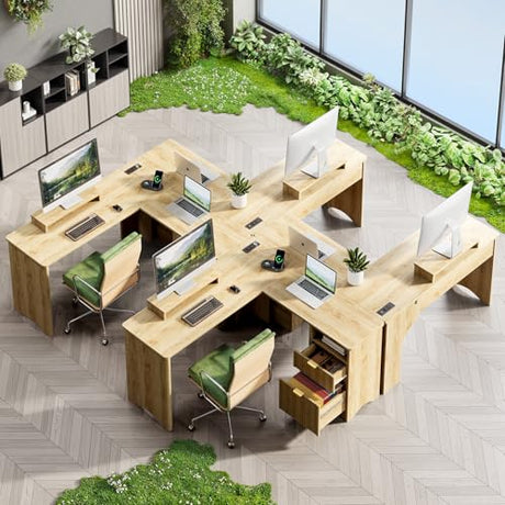Bestier L Shaped Desk with Lift Desktop, 55 inch Corner Desk with Fluted Panel Deisgn Drawers, Modern Office Desk with File Drawer (Natual Oak, 55'' x 55'' Lift Top) Bestier
