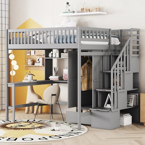 RORIGAT Grey Multifunctional Full-Size Loft Bed with Desk, Wardrobe, and Storage Solutions - WoodArtSupply