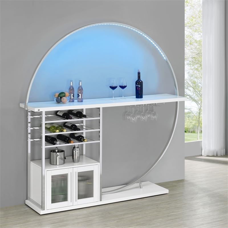 Pemberly Row Circular LED Wood Home Bar with Wine Storage White High Gloss Pemberly Row