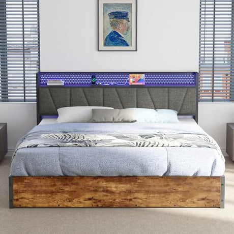 AMERLIFE King Size Lift Up Bed Frame with Linen Upholstered & LED Light & Storage Headboard, Platform Bed Frame with Charging Station, No Box Spring Needed, Noisy Free, Rustic Brown AMERLIFE