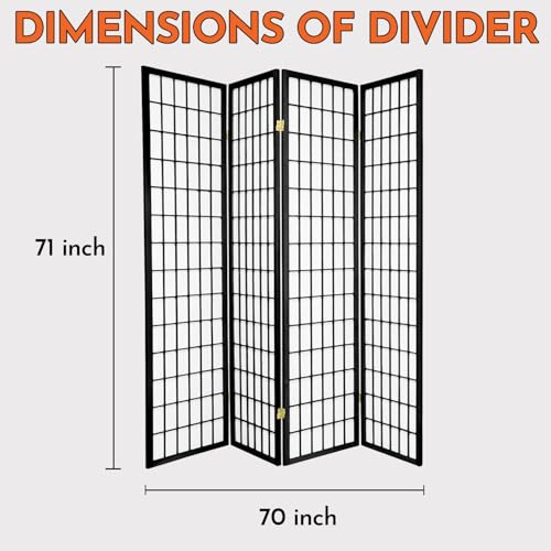 Legacy Decor 4-Panel Shoji Room Divider, Black, Real Wood Grid, Translucent Privacy Panels, 70″ W × 71″ H, Folding Screen Legacy Decor