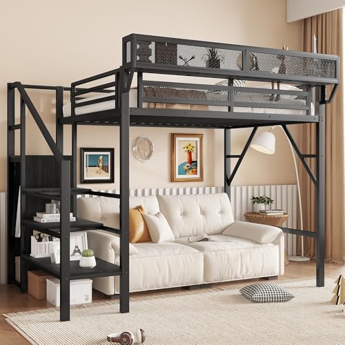 KEIKI Twin Size Metal Loft Bed Frame with Convertible Staircase, Built-in Storage Shelves & Wardrobe, Loft Bed with Solid Slats & Guardrail, No Box Spring Required, Easy Assembly, for Bedroom, Black KEIKI