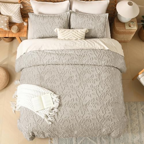 Litanika King Size Comforter Set Oatmeal, 3 Piece Khaki Boho Tufted Bedding, Beige Fluffy Farmhouse Bed Set for All Season with 2 Leaf Pattern Pillowcases（104x90In） Litanika