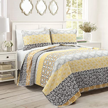 Lush Decor Bohemian Stripe Reversible Cotton Quilt Set, 3 Piece Set, Full/ Queen, Yellow & Gray - Striped Bedding Set - Yellow Quilts Queen Size - Boho Decor Lush Decor