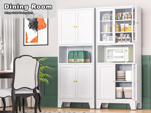 YAUWOH Metal Kitchen Pantry Storage Cabinet, Metal Freestanding Bathroom Floor Cabinetwith 4 Doors & 3 Adjustable Shelves, Metal Storage Cabinet for Bathroom, Living Room, Kitchen, Pantry, White YAUWOH
