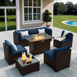 VONZOY 8 Pieces Outdoor Patio Furniture Set with 44" Fire Pit Table Rattan Sectional Conversation Sets w/Gas Fire Pit, Coffee Table, 2 Waterproof Covers, Navy Blue VONZOY