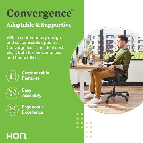 HON Convergence Ergonomic Office Chair, Breathable Back Support Mesh, Adjustable Arms, Computer Chair with Lumbar Support, Rolling Swivel Wheels, Comfortable Synchro-Tilt Recline, Fabric, Black HON