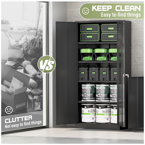 SUNCROWN 72" Metal Storage Cabinet - Heavy-Duty Metal Garage Cabinet with 4 Adjustable Shelves & 2 Doors for Tools, Office, Home, Workshop,Black SUNCROWN