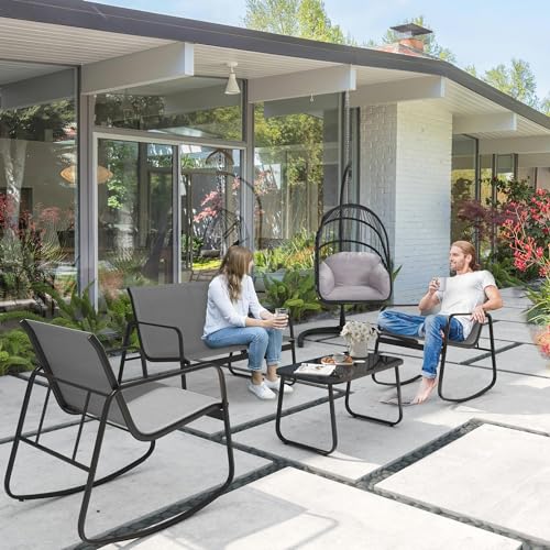 YITAHOME 4 Piece Patio Furniture Set, Small Backyard Bistro Rocking Chairs, Loveseat and Glass Table, Textilene Outdoor Conversation Set for Lawn, Garden, Balcony, Poolside (Grey) - WoodArtSupply