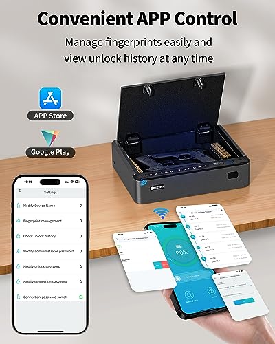 BILLCONCH Smart Gun Safe with Security Cable - Biometric Gun Safe for Handgun 4 Ways Quick Access with Fingerprint/Keypad/Key/APP Lock Pistol Safe for Nightstand Bedside Home Car with LCD/Voice Guide BILLCONCH